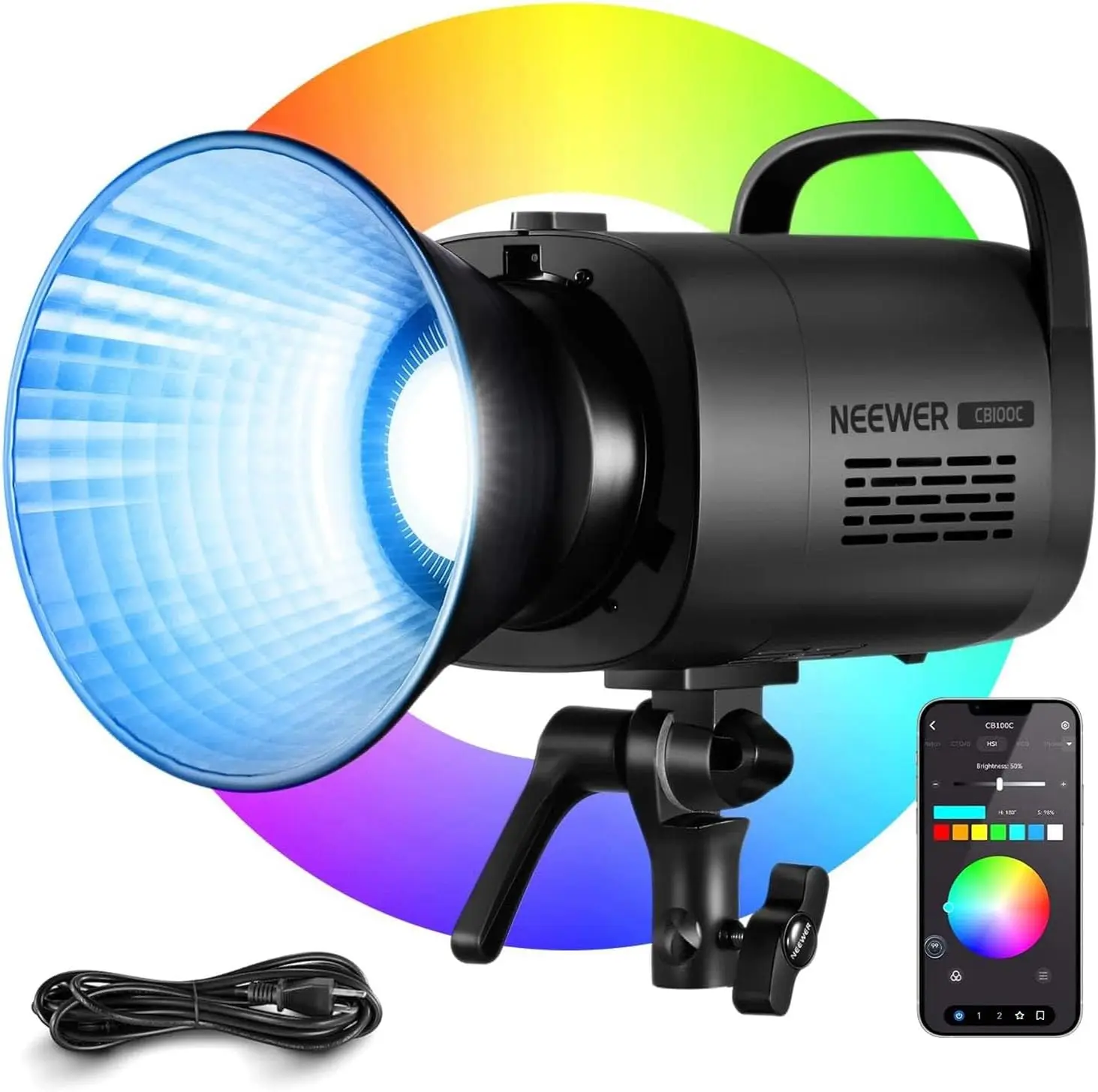 CB100C 130w RGB LED Video Light, APP/2.4G Control 360° Full Color 2700K-6500K 27000lux/m COB Bowens Mount Silent Continuo