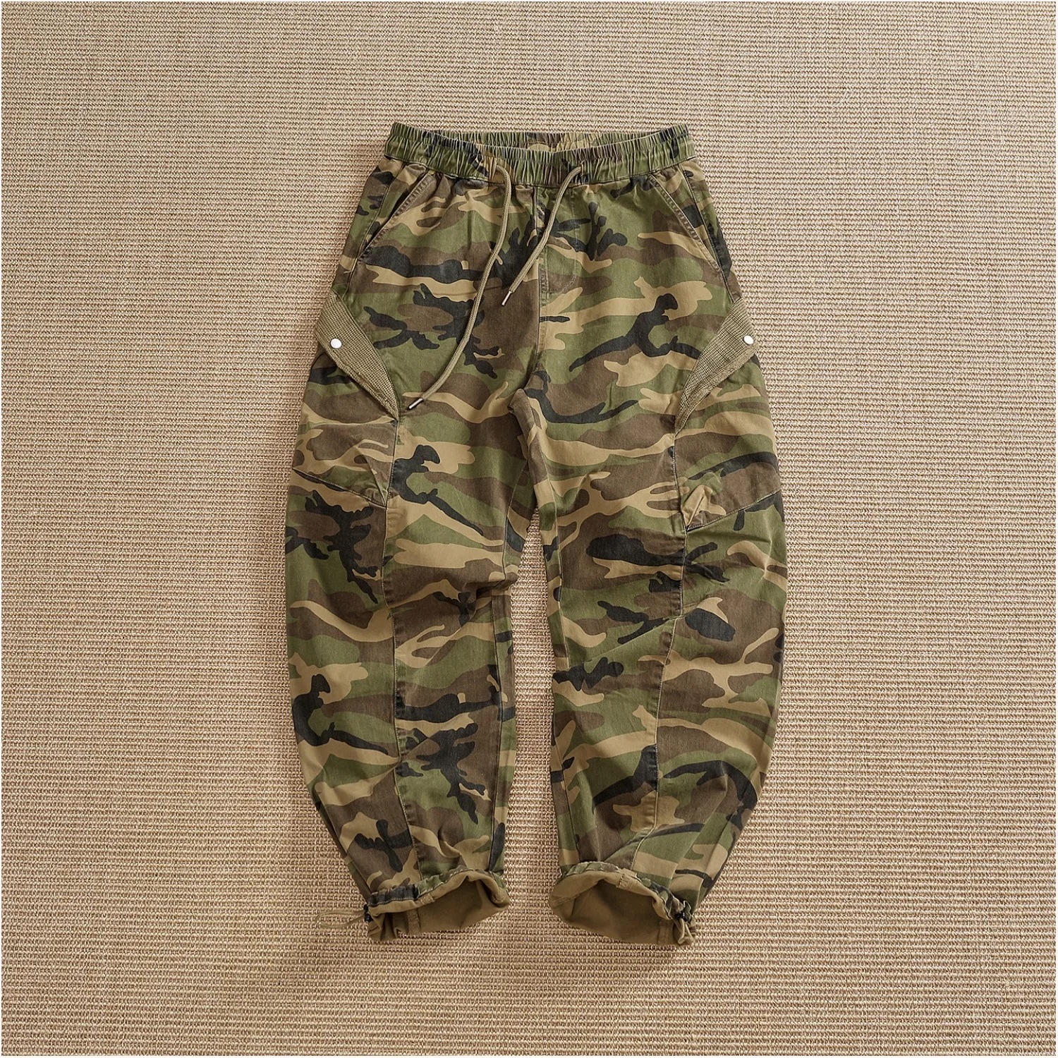 American outdoor overalls for men, cotton elastic woven large pockets, elastic waist, drawstring legs, loose trousers