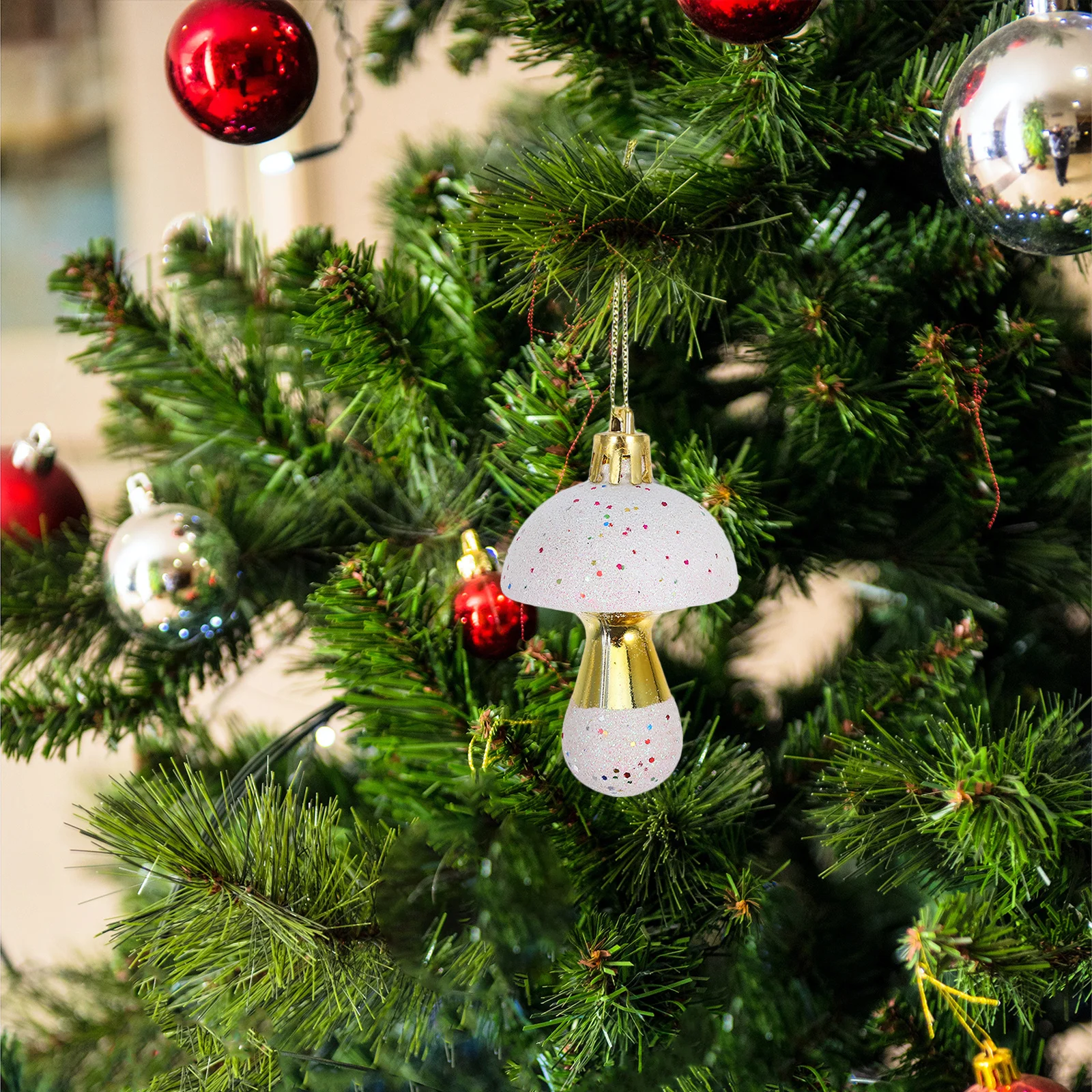 

6Pcs Christmas Gold Mushroom Hanging Ornaments Xmas Tree Decorations Lightweight Holiday Pendant Party Decor Xmas Party Ornament