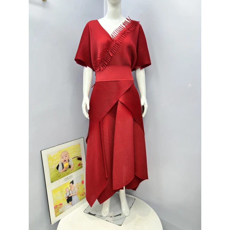 

2024 Mizhai Fold Wholesale New Solid Color Suit Beads Tassel Irregular Temperament Loose Women's Two-piece Sets Clothing