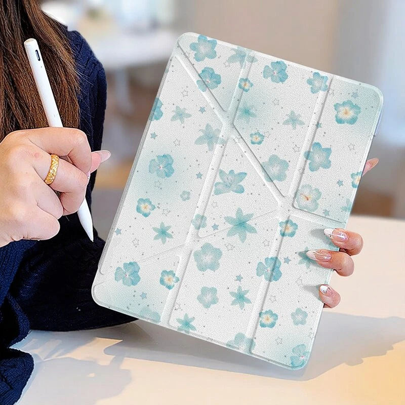 Ins Full Screen Ice Blue Floral Star Y2K Cover For iPad Pro 13 11th M5 M4 12.9 A16 10 8 7 9th 10th Air 11 M2 M3 Mini Tablet Case