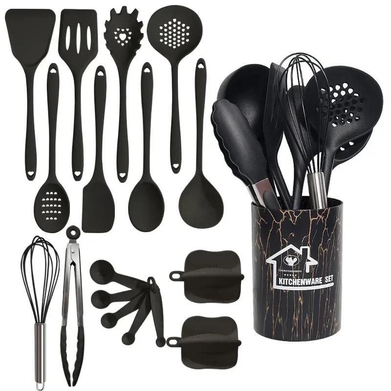 18Pcs Silicone Cookware Kitchenware Utensils Set Black Heat Resistant Non-stick Spatula Egg Shovel Beater Kitchen Cooking Tool