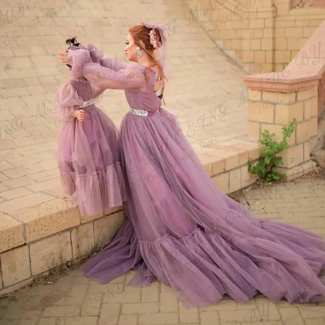 OEING Simple Purple Mother And Daughter Tulle Prom Dress For Photo Shoot Dubai Arabia Long Mother And Kids Party Night Gowns