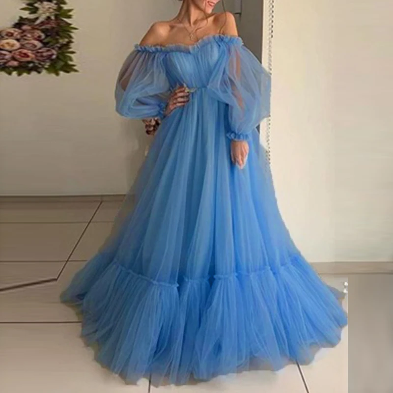 Women Long Sleeve Big Hem Evening Dress Luxury Mesh Ruffles Princess Dresses Elegant Off Shoulder Banquet Solid Party Long Dress