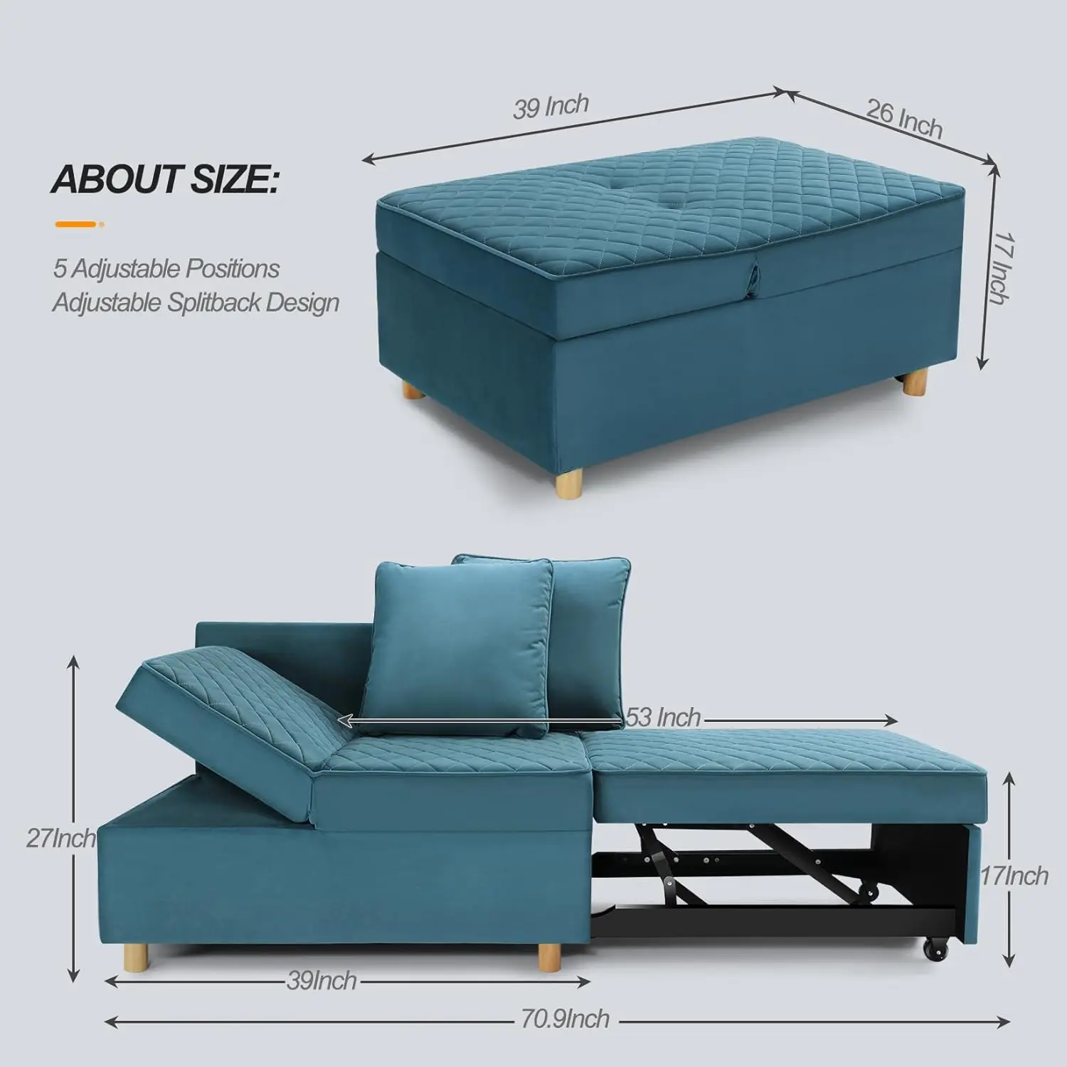 Sejov Sofa Bed, 4-In-1 Convertible Couch With 5 Level Adjustable Backrest, Loveseat With 2 Throw Pillow, Premium Velvet Sleeper