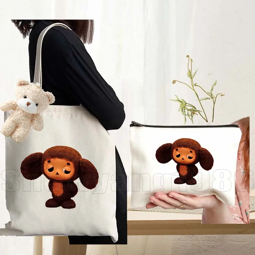 3pcs Russia Cheburashka Cartoon Monkey Russian Doll Gifts Canvas Shoulder Totes Bag Handbags Totes Bag Eco Cotton Shopping Bags