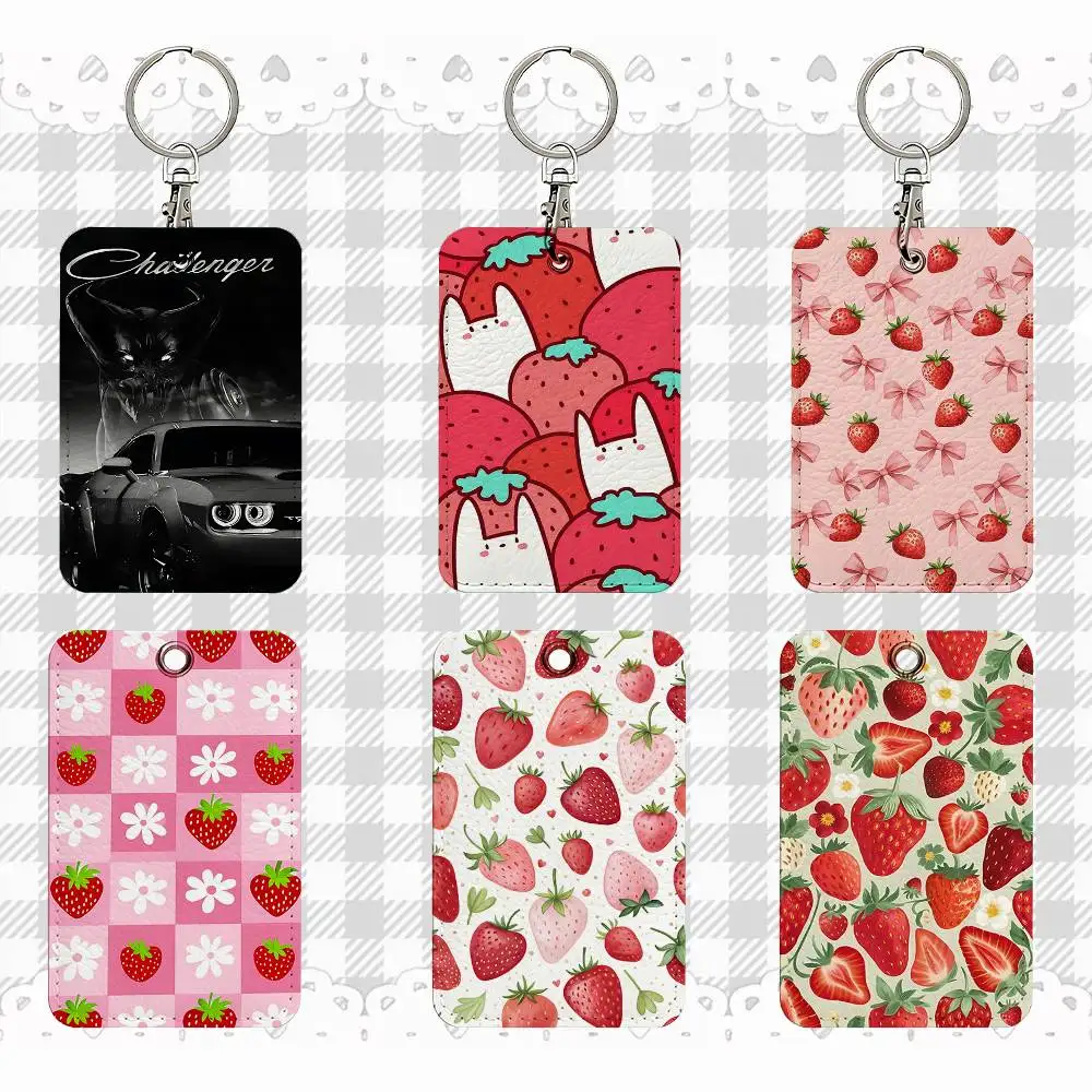 الكرتون الفراولة مستطيل بطاقة الهوية حالة المفاتيح الوصول حافظة للبطاقات مفتاح العلامة حلقة حامل بطاقة جلدية حلقة رئيسية الوصول