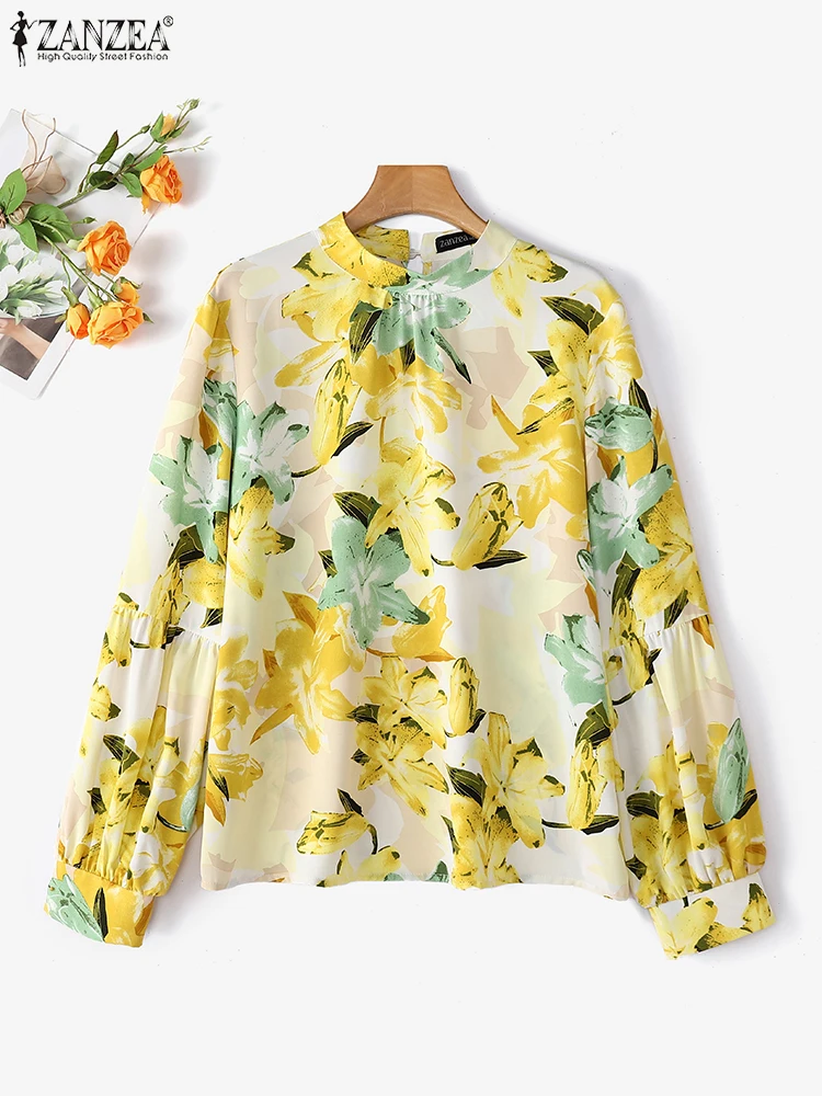 

ZANZEA 2025 Autumn Women Floral Printed Blouse Vintage Long Lantern Sleeve Tops Elegant Office Lady Casual Stand Collar Tunics