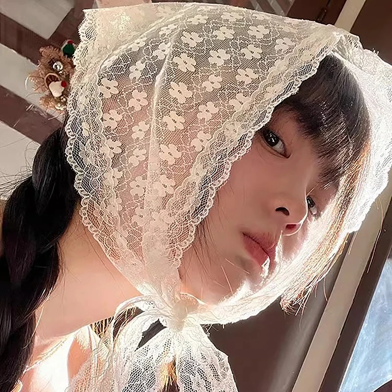 White Lace Flower Triangular Scarf Women's Summer Tied Hair Headscarf Triangle Scarf Clothing Accessories