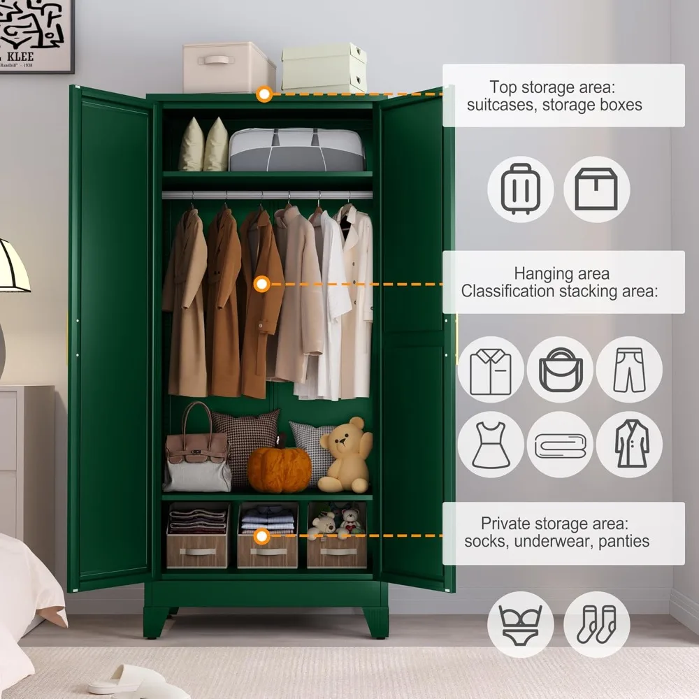 Metal Armoire Wardrobe Closet, 71 Tall Bedroom Closet with Mirror, Adjustable Shelves, and Hanging Rod, Steel Clothes Cl