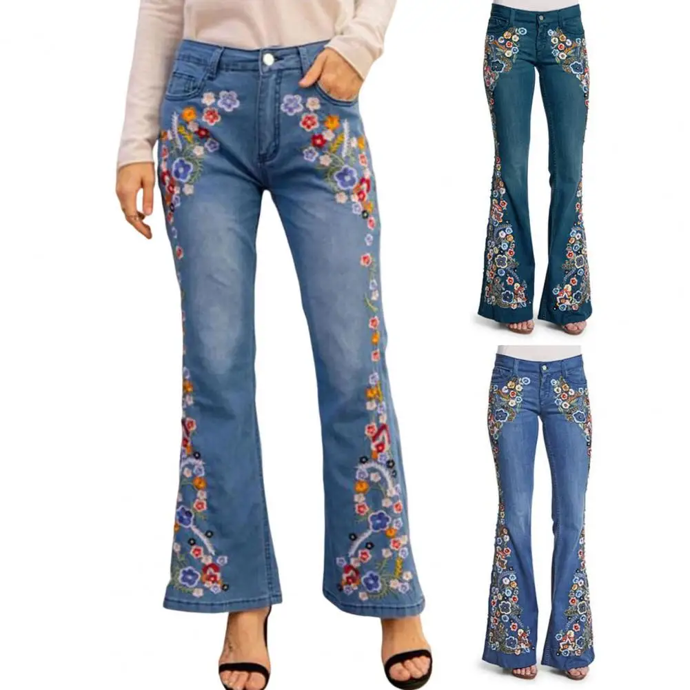 Women Jeans Washed Flower Embroidered Lady Trousers Slim Fit High Waist Match Top Long Jeans Vintage Bell-bottomed Women Pants