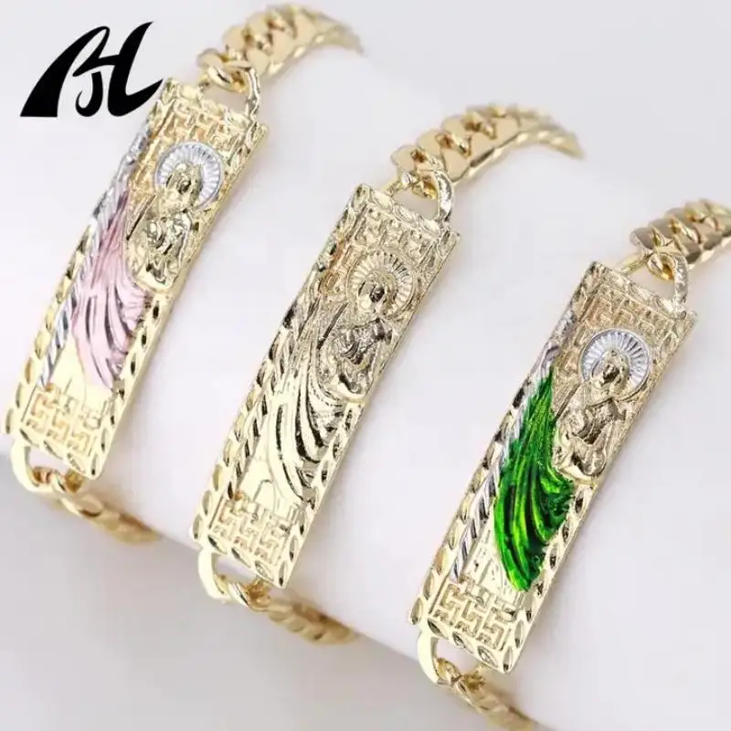 14kGold Oro Laminado Green San Judas Tadeo Bracelet Men Women Punk Unique Bracelet religious Platinum Bracelet Religious Jewelry