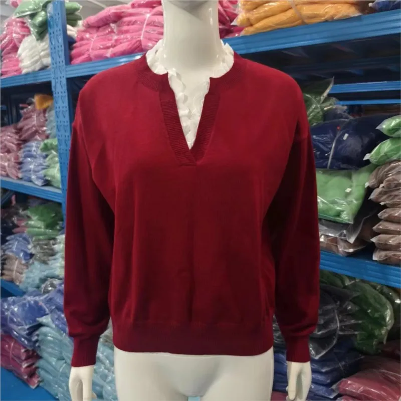 Women's Lace V-neck Long Sleeve Knitted Sweater Autumn Winter Warm Fashionable Solid Loose Knitwear for Women