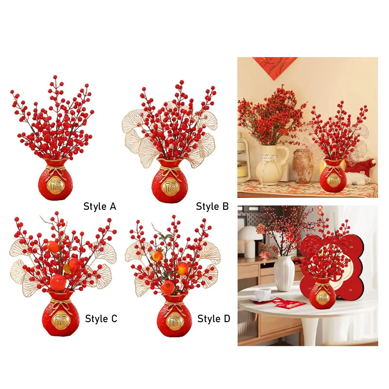 Chinese New Year Decoration Fake Flower Blessing Bucket Desktop Ornament Artificial Red Berry Branches for Home Desk Birthday