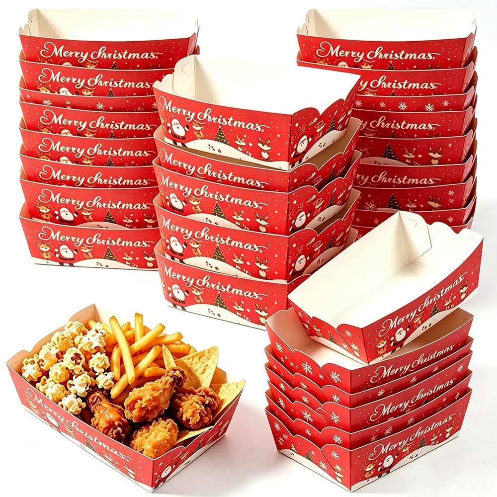 15-100pcs Santa Reindeer Fox Print Red Paper Food Trays Disposable Snack Containers Boat Box Merry Christmas Party Decor