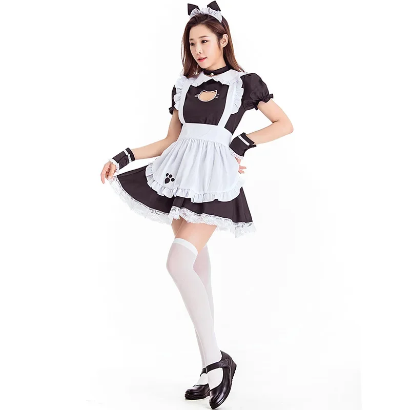 Schwarze Lolita-Kleider, Dienstmädchen-Outfit, süße Katze, Cosplay-Kostüm, Damen-Anzug, Schürzenkleid, Halloween-Kostüme