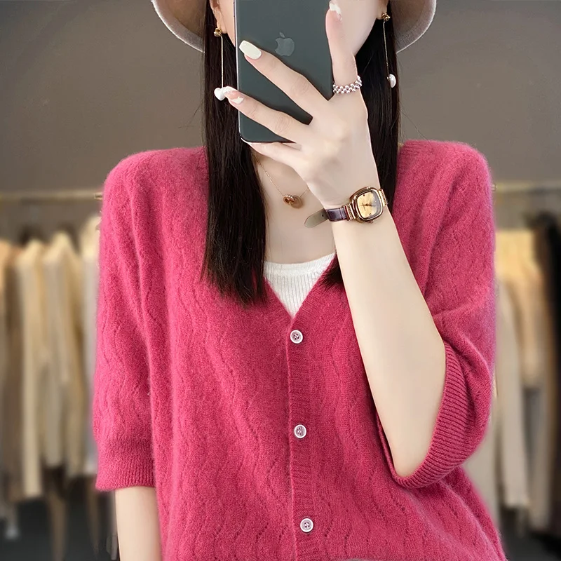 Women\'s T-shirt Summer New Line Hollow V-neck Fashion Knitted Loose Cardigan Top 100% Pure Wool Large Jacket Tank Top Tees