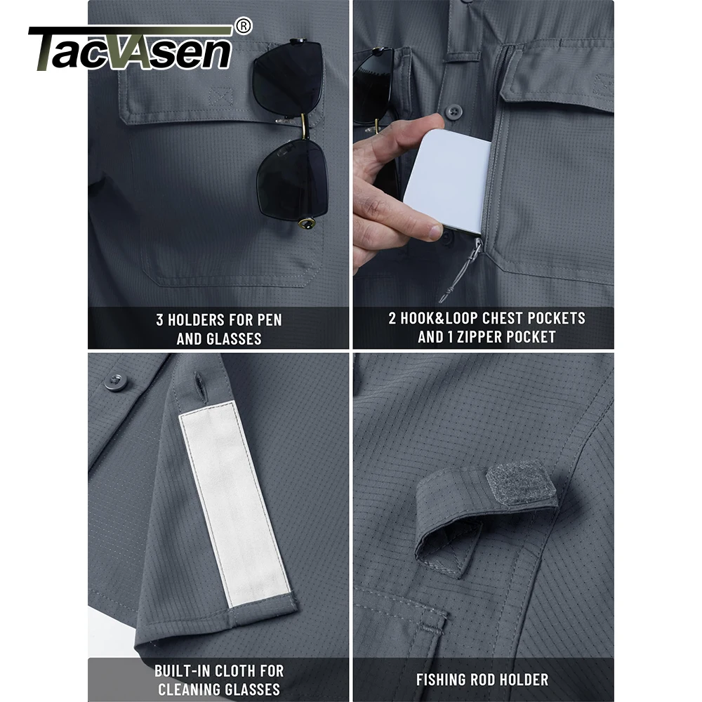 TACVASEN Fishing Shirts Men\'s Quick Dry Long Sleeve Chest Pocket Mesh Breathable Hiking Work Cargo Shirts UPF 50+ Sun Protection