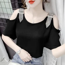Rhinestone Off Shoulder Fashion Women's T-shirt Summer Casual Slim Short Sleeve Tee Female Slimple Chic Shiny Sling Tops Ladies