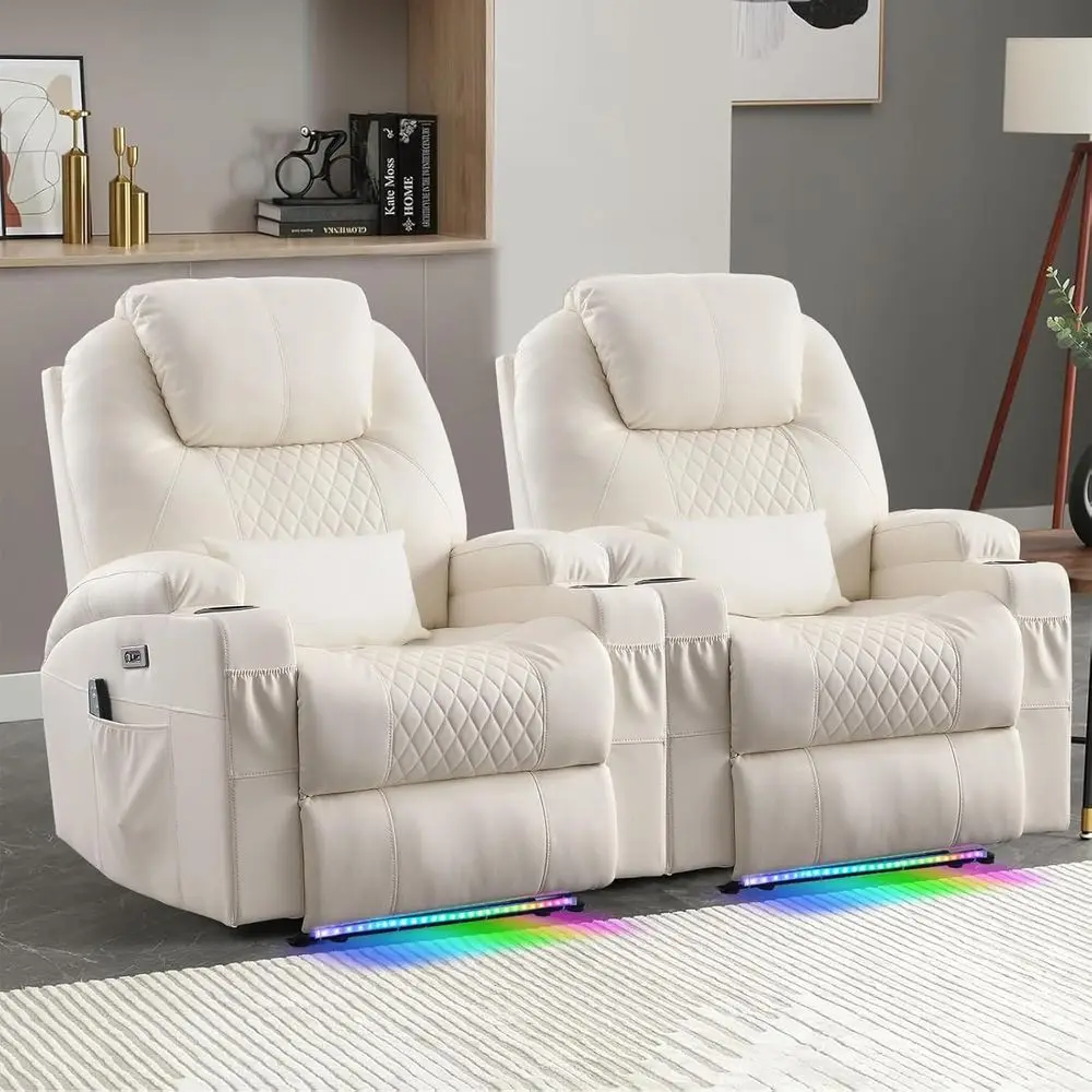 2-Piece Beige Reclining Sofa Set with Heat, Massage, LED Lights, Cup Holders, USB Ports