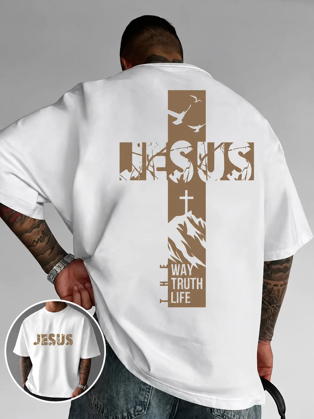 2026Summer Christian Style Jesus Cross Pattern Printed Short-sleeved Cotton Men's T-shirt with Faith Theme Loose and Trendy Top