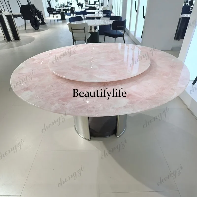 a68Natural powder crystal luxury stone dining table Italian light luxury high-end pink diamond round table can be customized