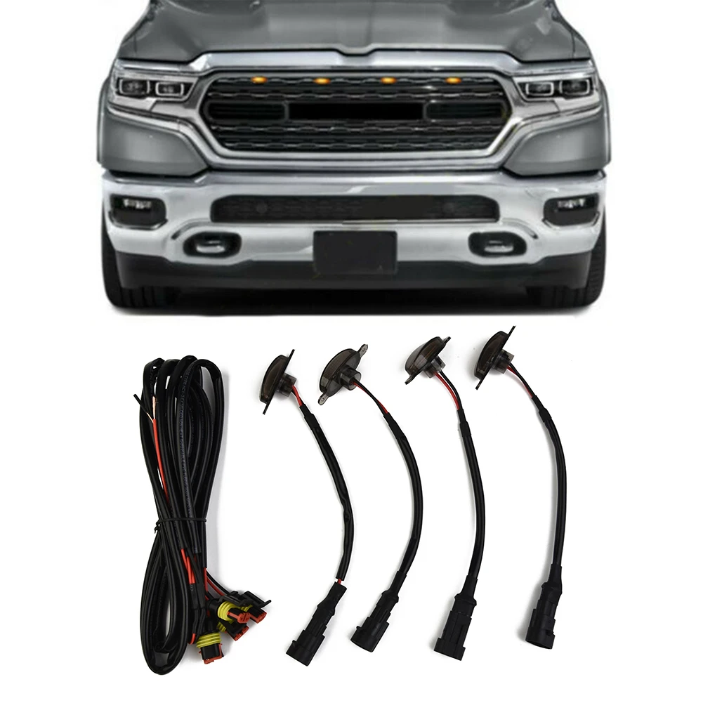 4x 12LED Smoke Front Grille LED Amber Light Raptor Style Covers For Ram 1500 Car DIY Decorate Light Accessories