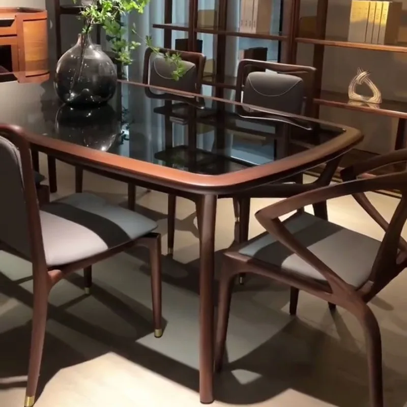 

Glass dining table simple black walnut modern combination light luxury solid wood