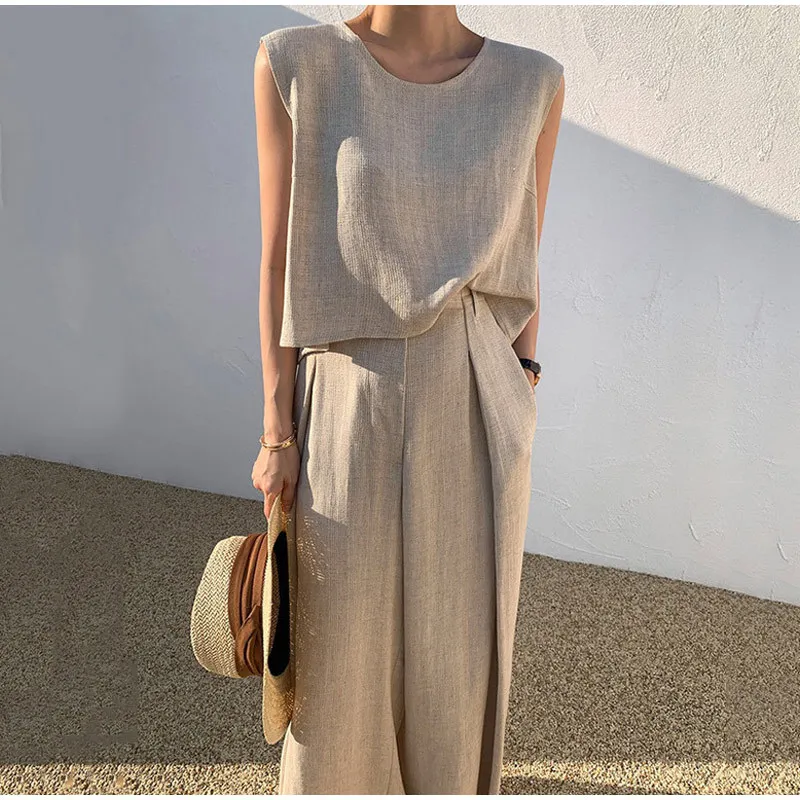 2024 5XL Women Casual Loose Cotton Linen Suits Summer Sleeveless Tank Top Wide Leg Pants Two Piece Sets Female Plus Size 4XL 3XL