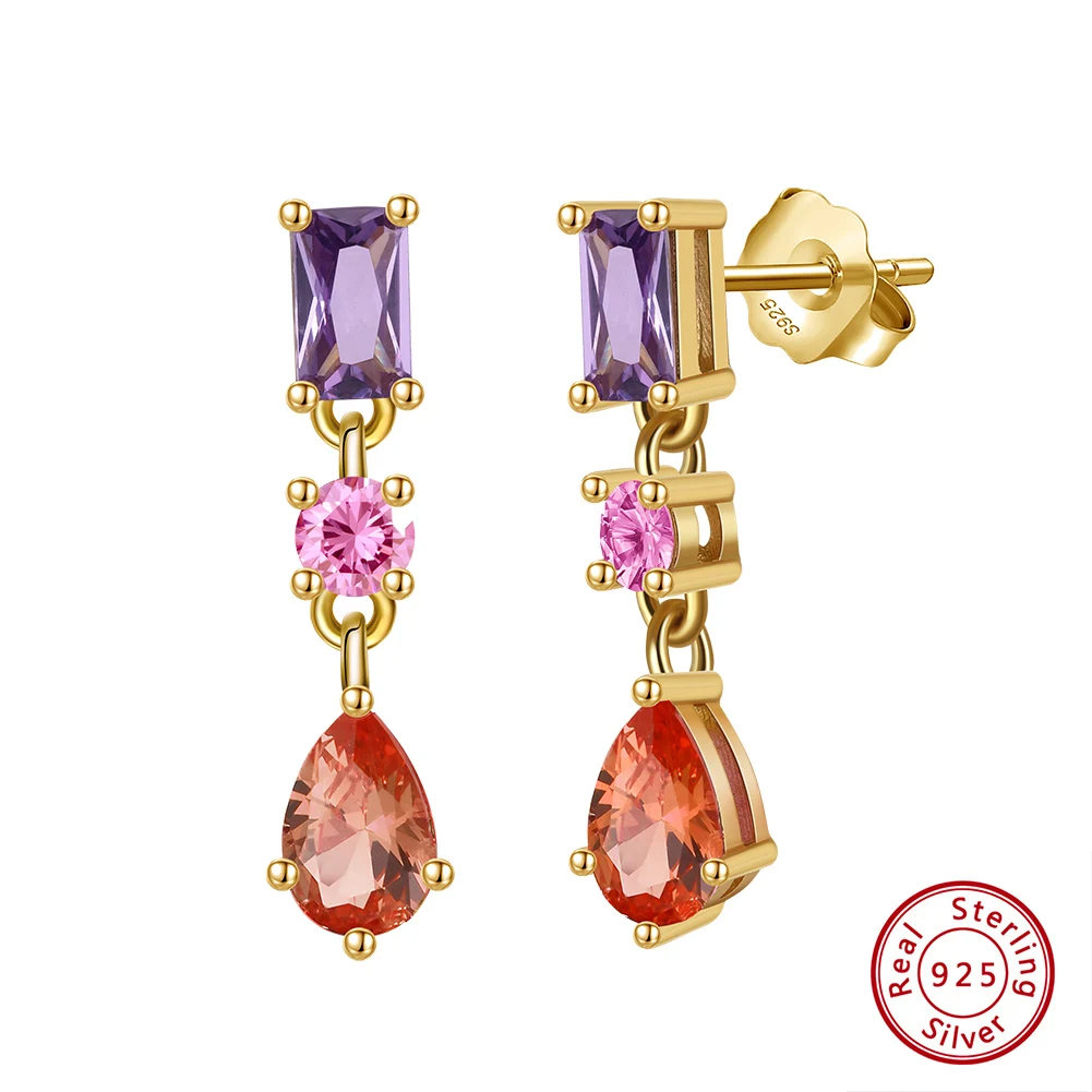 

KISS MANDY 925 Sterling Silver Pink&Purple&Red Long Drop Earrings Vintage Geometric Shape Cubic Zirconia Earrings Jewelry EQE122