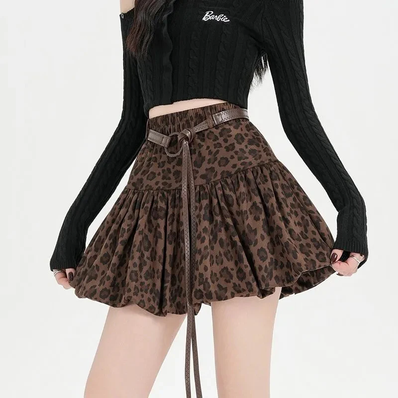 Y2K Leopard Mini Skirt Women Streetwear Belt High Waist Loose Casual Skirts Preppy A Line Hotsweet All Match Female New Skirts