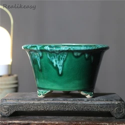 Home Cracked Round Three legged Japanese Zen Ceramic Flower Pot Desktop Glazed Chinese Purple Clay Decorative Flower Pot LF646