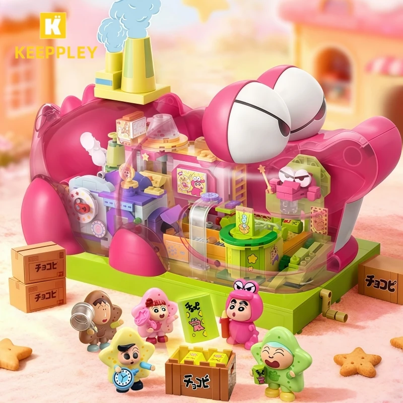 Keeppley-bloques de construcción Crayon Shin Chan, cocodrilo, montaña, galleta, modelo de fábrica, adorno, montaje, colección de juguetes, regalo