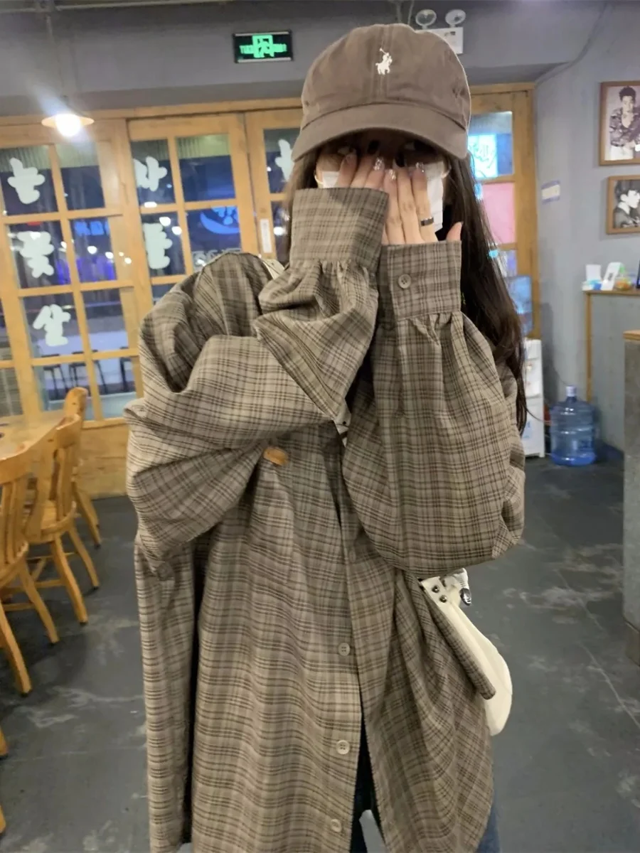 

Ретро-рубашка в клетку с длинным рукавом, женская свободная повседневная многослойная верхняя одежда, бренд Bule Euro Sle, осенняя коллекция