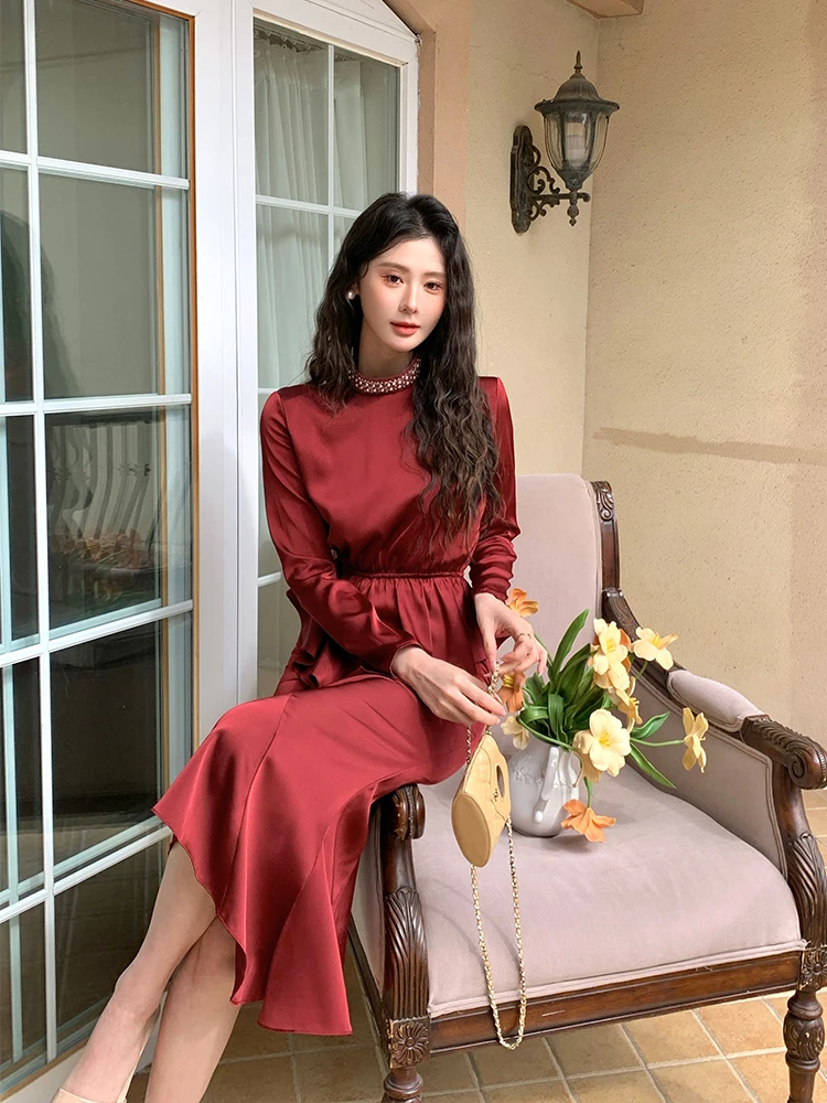 

Осенний новый элегантный атласный комплект из двух предметов, женское свадебное вечернее платье с круглым вырезом, топ без рукавов, платье русалки, халат для выпускного вечера, наряды