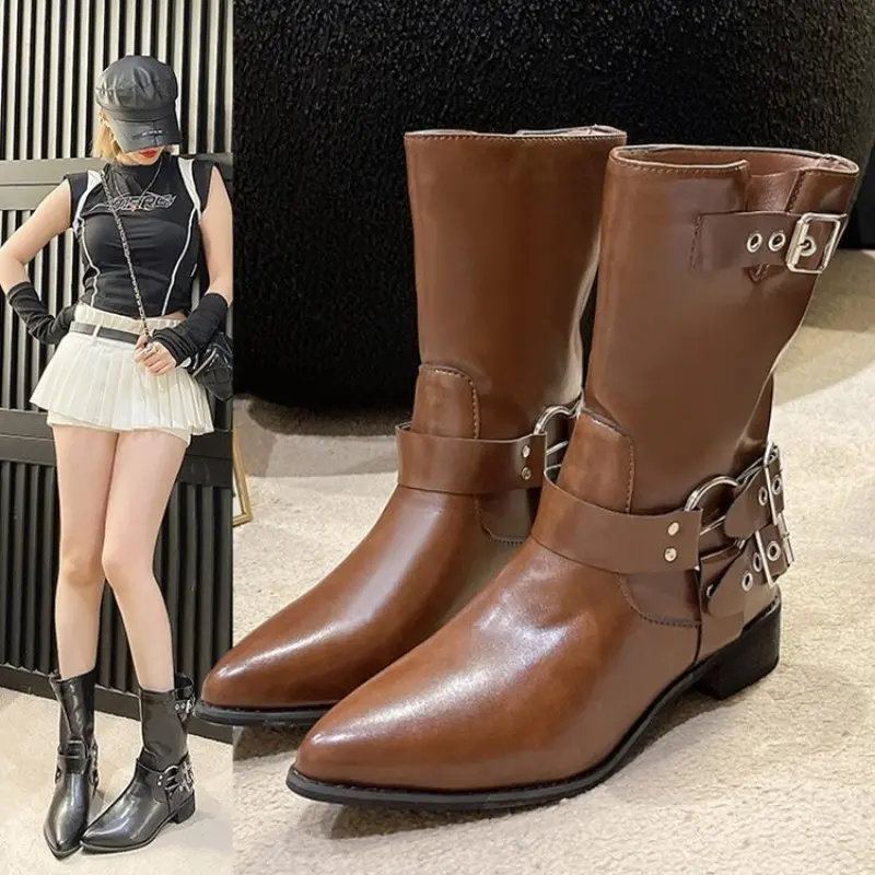 

Platform Combat Cusp Boots Zip Chuny Heel Buckle Vintage Fashion Casual Luxury Designer Western Mid Calf Boots Shoes Woman New