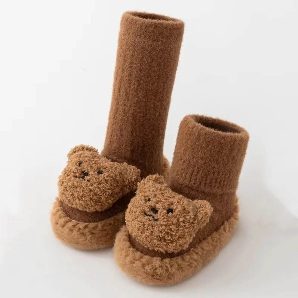 New Autumn Winter Infant Shoes Warm Cartoon Bear Walking Socks Shoe Leather Sole Mink Velvet Floor Socken For Newborn