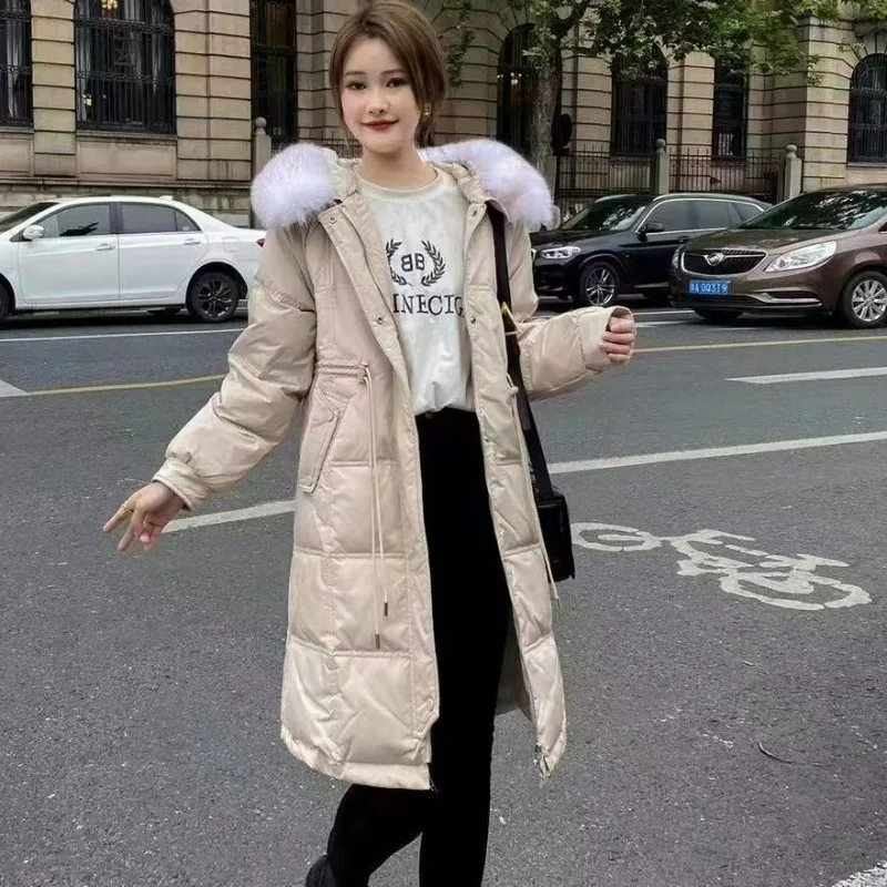 

2023 New Women Down Jacket Winter Coat Female Mid Length Version Parkas Slim Fit Thick Warm Outwear Fur Collar Hooded Overcoat