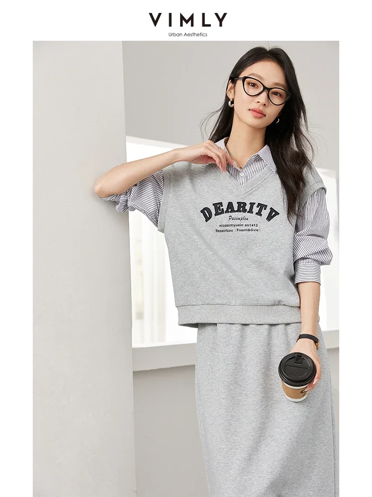 VIMLY Frauen Casual Röcke Set 2025 Frühling Einfache Oansatz Gefälschte 2PCS Sweatshirt Elastische Taille Schlitz Rock Büro Dame Kleidung set