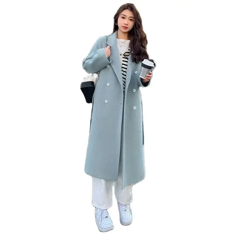 Abrigo de Cachemira de doble cara para mujer, abrigo largo de lana, versión coreana, tendencia suelta, azul, otoño e invierno, nueva moda