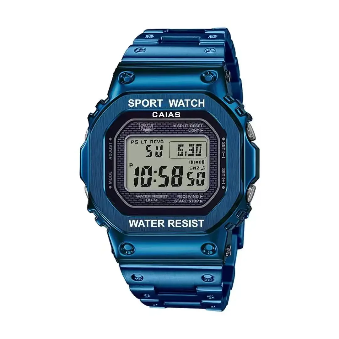 ساعة رياضية رقمية إلكترونية للجنسين كاملة الوظائف بالتوقيت العالمي وحزام فولاذي قابل للطي وإبزيم مربع LED سلسلة 5000 من خشب البلوط