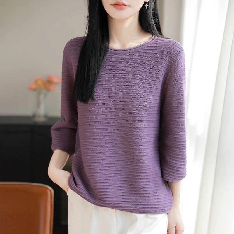 2026 100 Pure Cotton Seven Quarter Sleeve Knit Shirt Women Base Layer Long Top T Shirt New Loose and fashionable Casual Summer .