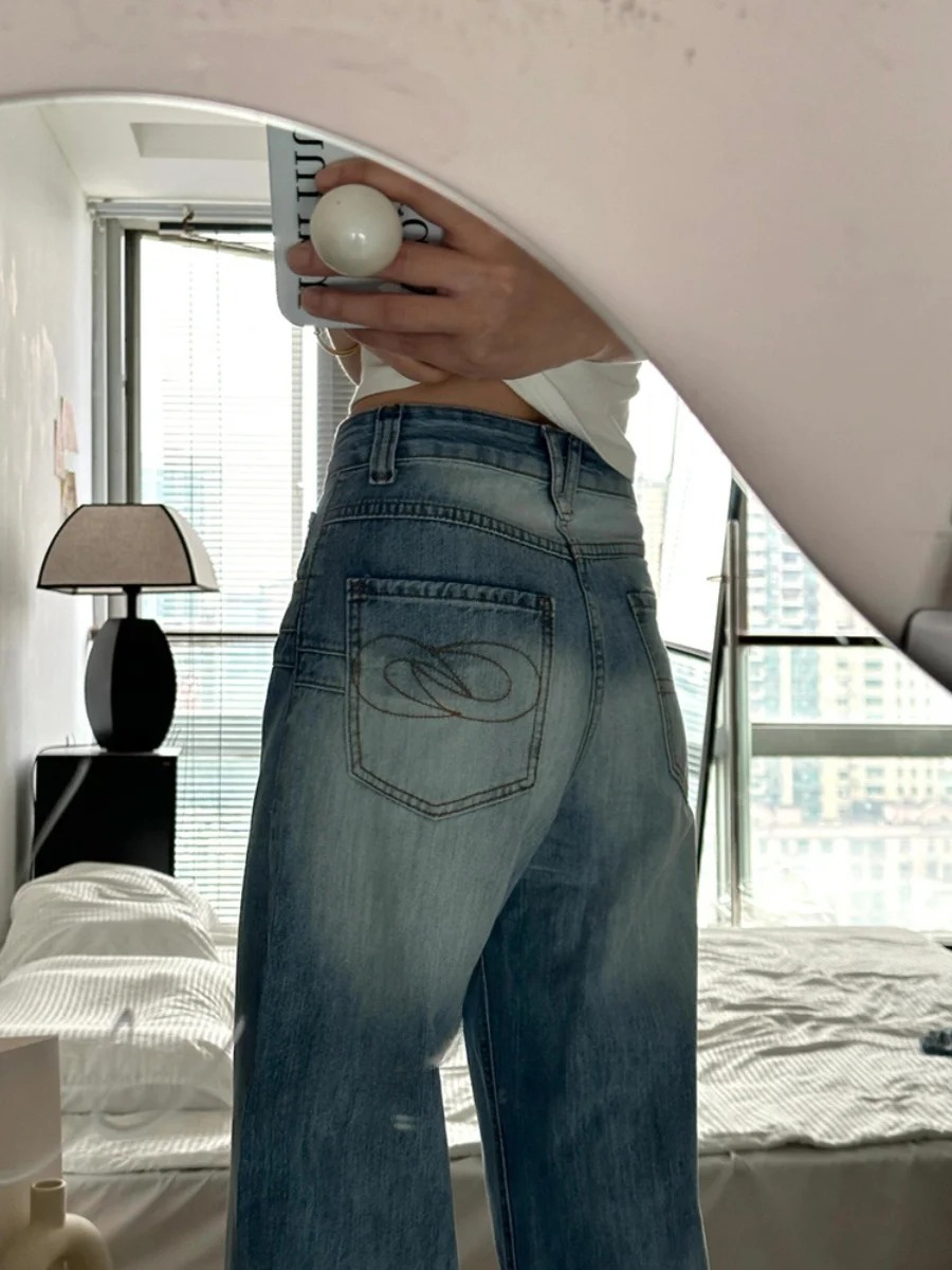 Amerikanische Retro-Jeans mit Stickerei, Hoher Taille, Geradem Bein, Schlankmachende Weite Hose für Damen, Sommer 2024 Neu A...