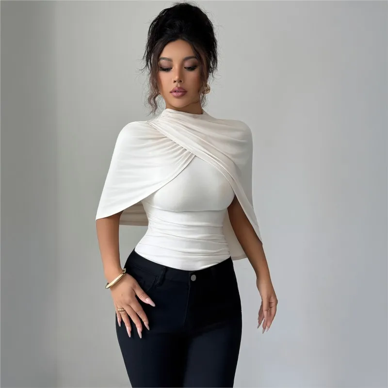 

Elegant Shawl Short Sleeves Spring And Autumn Soft Solid Color Advanced Slim Simple Top Comfortable Half Turtleneck Office Lady