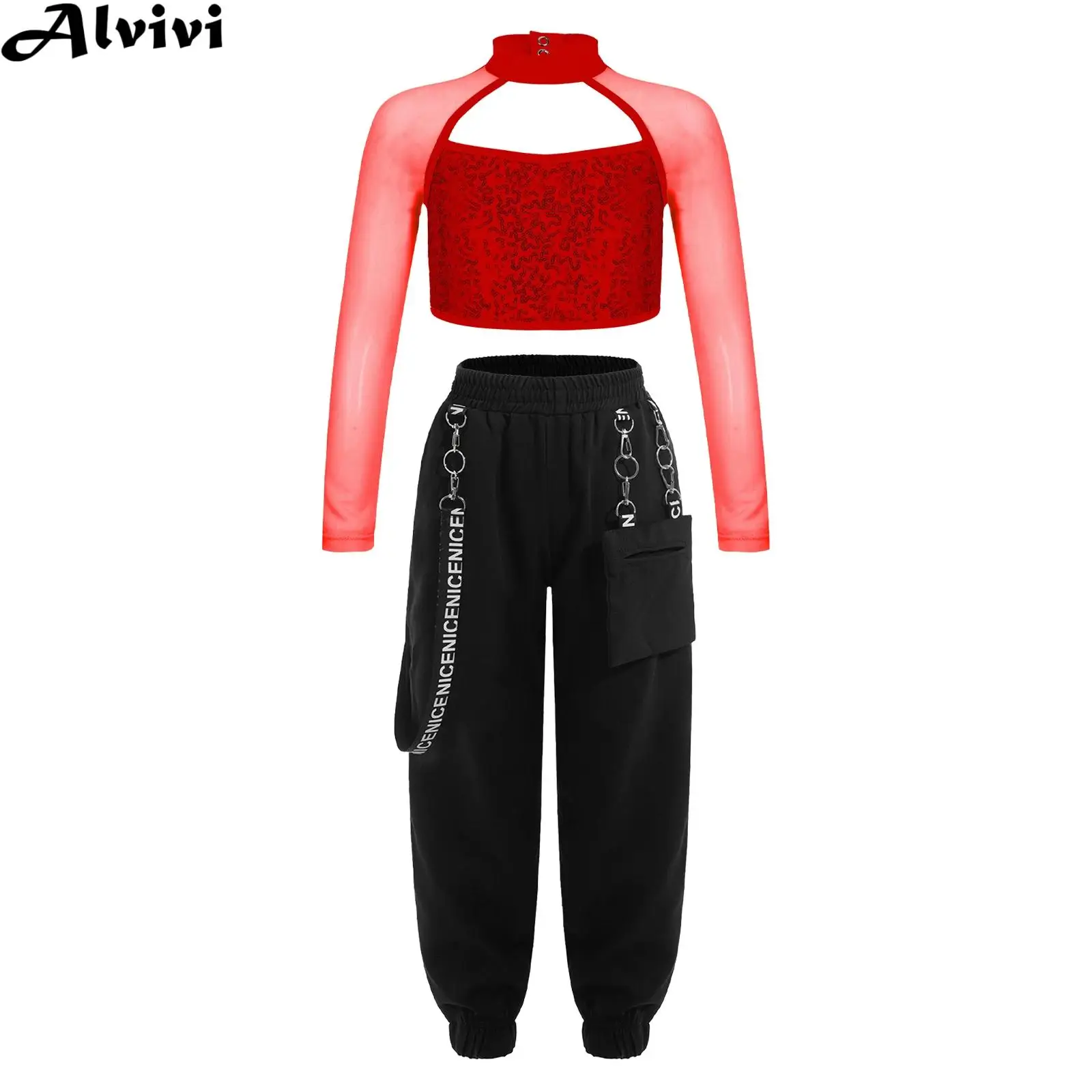 6-16Y Kids Girls Hip Hop Jazz Street Dance Performance Costume Long Sleeve Shiny Sequin Cutout Crop Top with Pants Dancewear