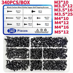 340PCS PWA Cross Self-Tapping Black Screw M3 M3.5 M4 M4.8 Carbon Steel Round Pan Head Tapping Screw with Washer Assortment Kit