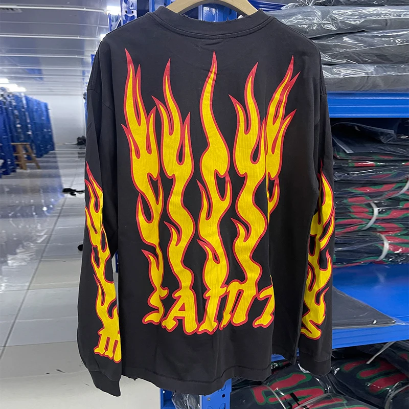 Soul On Fire Full Letters Print Saint Long Sleeve T Shirt Men Women Best Quality Cotton Tops Vintage Washed Black T-Shirt Tags