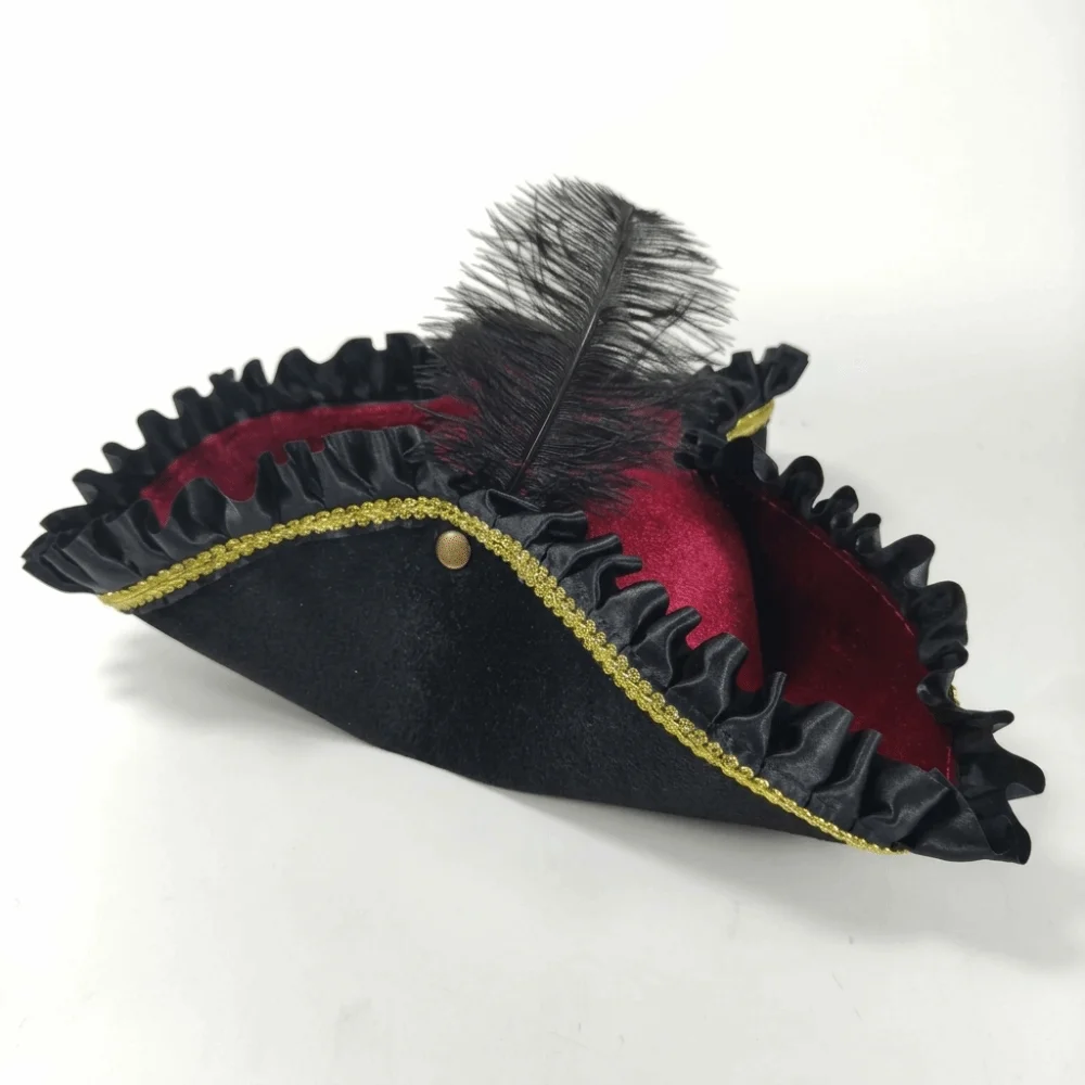 Satin Triangle Pirate Hat Pleated Ruffled Feather Decors Halloween Costume Hat Head Ornament Lace Trim Party Decoration Hat