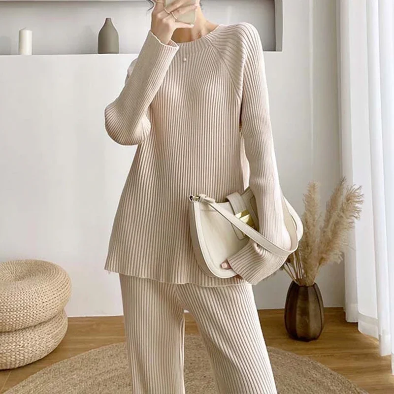 Winter Thicken Soft Wool 2 Piece Sets Women Elegant Apricot Solid Sweater + Wide Leg Pants Womens Runway Design Pants Set