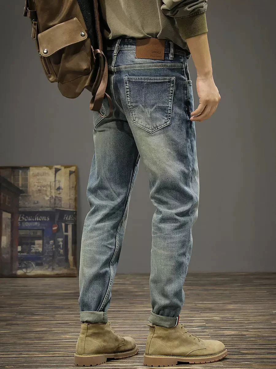 Newly Vintage Fashion Men Jeans High Quality Retro Blue Elastic Slim Fit Ripped Jeans Men Trousers Casual Designer Pants Hombre